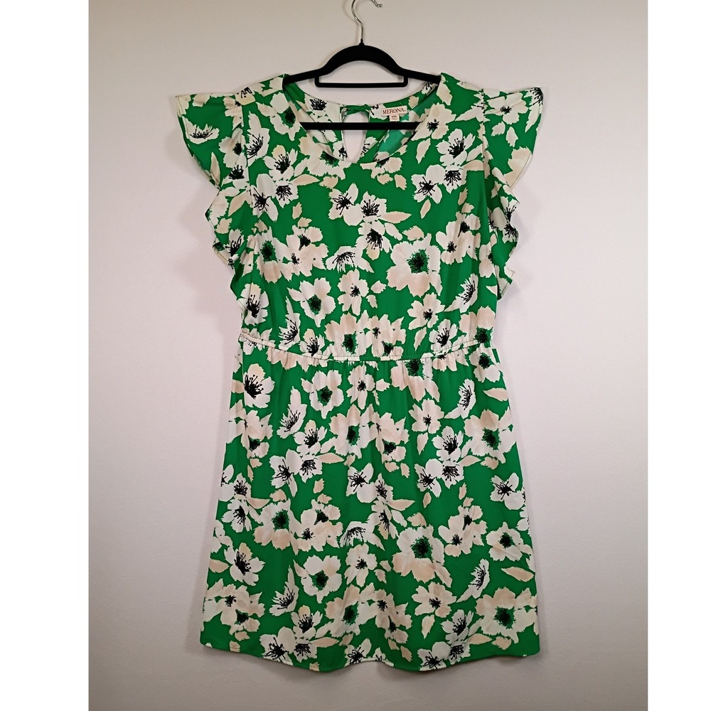 Floral Cottagecore Merona Women XXL Green Flutter‎ Sleeve Keyhole Mini Dress